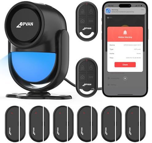 CPVAN Home Alarm System, 2.4G WiFi PIR Motion Sensor Alarm, Wireless DIY Smart Door/Window Alarm for Home Security with Phone APP Alert 9 Pieces Kit (PIR Alarm Hub, 6 Door Sensors, 2 Remotes), Black