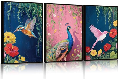 ANHUIB Bunte Vögel Blume Wandkunst Leinwandbilder mit Ölgemälde Vögel Motiv Kunstdruck Peonien Blumen Poster Moderne Wandbilder Set mit Rahmen für Küche Badezimmer Wohnzimmer Wanddekoration 30×40cm