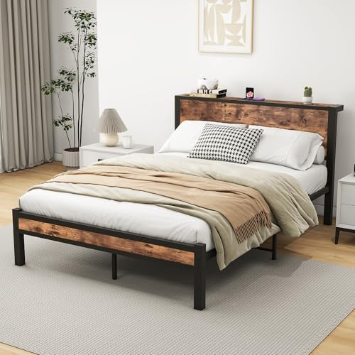 SACOOL Metallgestell Bett 140x200 cm mit Stauraum-Kopfteil, Einzelnes Metall-Plattformbettgestell, Geräuschfrei, Metalluntergestell, Ohne Boxspring Notwendig, Vintage Braun