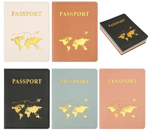 5 Stück Reisepasshülle, PU Leather, Schwarz, Weiß, Braun, Rosa, Hellblau | Passport Hülle, mit Slots, 21,5 x 14 cm, für Ticketkarte, Bordkarten, Kreditkarte, Visitenkarten