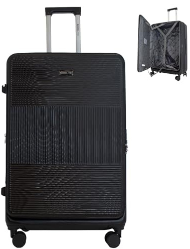 Bordlite 28 Large Suitcase – ABS Hardshell Front Opening Lightweight Luggage, Expandable +4cm with 8X Spinner Wheels, Combo Lock, Telescopic Handle – Black