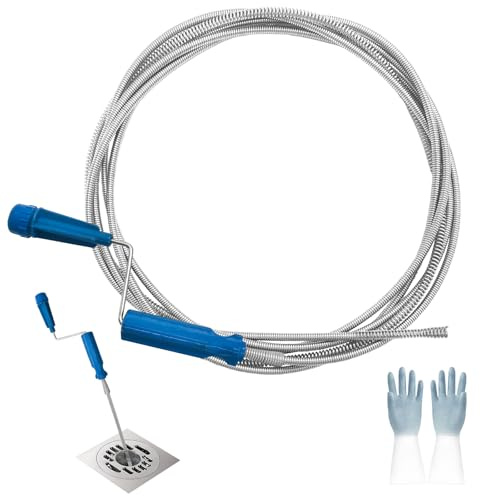 Jerhyun Desatascador Tuberias, 6mmx5m Desatascador Fregadero con Guantes | Muelle Desatascador Tuberias Apto para Inodoros, Bañeras y Lavabos, Azul