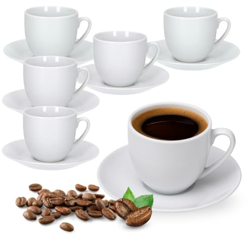 Generico Set 6 Tazzine da Caffè con Piattino 90 ml in Ceramica Bianca – Design Elegante, Ideali per Espresso, Bar e Casa – Lavabili in Lavastoviglie
