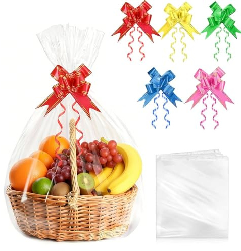 15 Pcs Clear Cellophane Bags for Hampers with Pull Bows, 20X 27 | Cellophane Wrap for Hampers, Hamper Wrapping Cellophane for Gift Basket Birthday Wedding Graduation Christmas Easter
