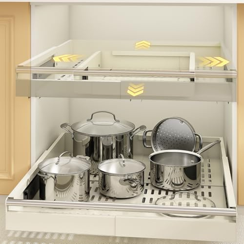 Mointal 2 Stück 4-Richtungen Küchen Ausziehbare Schublade, Ausziehschublade mit Griff, Metall-Schubladenorganizer, Breite 33–53 cm & Tiefe 41–61 cm, Befestigung mit Klebeband/Schrauben, Cremeweiß