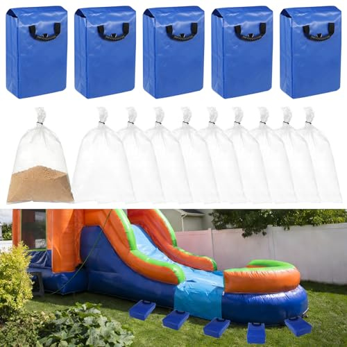 5 Pack Waterproof Sandbags with Handles, Heavy-Duty 50lb Capacity Vinyl Anchor Weights, Training Sand Sack for Securing Inflatable Bounce Houses, Water Slides, Tents & Backyard Parties(Blue)