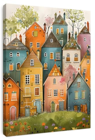 Alptiny Wandbild mit Rahmen 30×40 cm – Bunte Häuser Leinwandbild für Wohnzimmer Schlafzimmer Küche Büro – Moderne Bilder inkl. Haken, Nägel & Magischer Klettbefestigung – Stilvolle Wanddeko