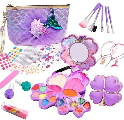 Kinder Makeup Set,26-teiliges Meerjungfrau Prinzessin Spielkosmetik,Meerjungfrauen Schmink-Set Für Mädchen | für Kinder von 3-12 Jahren Geburtstag Weihnachten Verkleiden Rollenspiel als Prinzessin