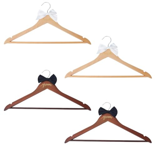 DICOSMETIC 4 Stück 2 Farben Braut Bräutigam Brautkleid Bügel Holz Hochzeitskleid Bügel Mit Schleifen Schleife Personalisierte Hochzeitsbügel Brautdusche Geschenke Smoking Anzug Geschenk