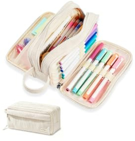 VICDUEKG Federmäppchen Cord-Stoff Mäppchen mit 4 Fächer Federtasche Große Schulmäppchen Erwachsene Mädchen Junge Schreibwarenbeutel Pencil Case für Schule Büro (Beige)