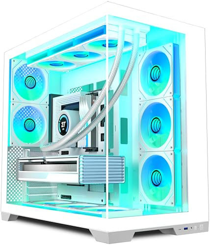 ANSAITE ATX PC Case – Ventola ARGB 8 PWM preinstallata, case ATX Mid-Tower Gaming PC, vetro panoramico a 270° con supporto radiatore di tipo C, 420 mm e 360 mm, bianco-K09