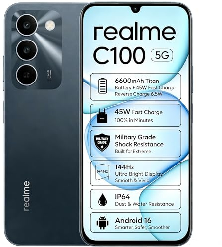 realme C100 5G Smartphone, Batteria 6600mAh Titan, (18+6) GB RAM + 256GB, Display 144Hz, Resistenza Militare, Ricarica 45W, Fotocamera AI 50MP, Dual SIM Android 16, Blooming Design, Verde
