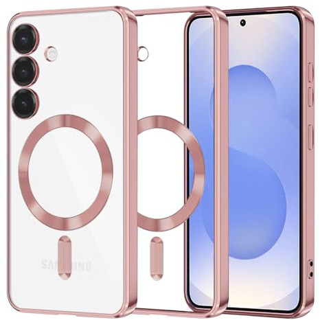 Techsuit für Samsung Galaxy S25 Hülle mit Magnetring, Kristallklares Design, Farbige Akzente, Erhöhte Kanten, Kameraschutz, Luxury Crystal Magnetic Series, TPU, Rosa