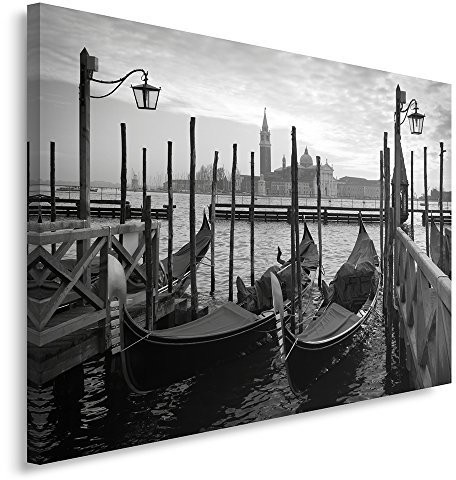 Feeby Bilder Venedig-Kanal Gondeln 80x60 cm Wohnzimmer Schlafzimmer Büro Flur Küche Wandbilder Modern Bild auf Leinwand Wanddekoration Kunstdruck Design Wasser Panorama Stadt Schwarz Und Weiß