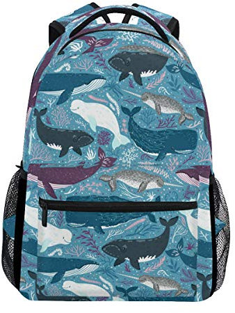 Rucksack mit blauen und weißen Walen und Muster, wasserdicht, für Schule, Fitnessstudio, Fische, Ozean, Meer, Laptop-Tasche, Outdoor-Reisetasche für Kinder, Jungen, Mädchen, Damen, Herren