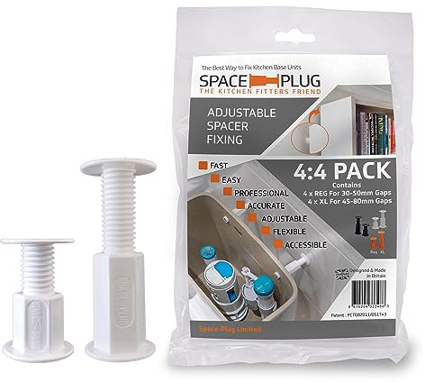 Space-Plug Adjustable White Spacers 8 Pack, (4 Regular size for 30-50mm gaps, 4 XL size for 45-80mm gaps), Professional & DIY use for kitchen, bedroom, bathroom & furniture installations