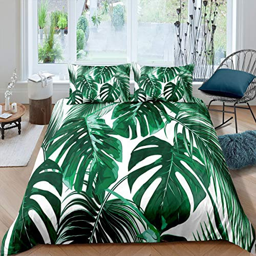 Loussiesd Palm Leaf Bedding Hawaiian Tropical Island Duvet Cover for Kids Children Teens Adult Palm Tree Green Plants Comforter Cover Nature Theme Bedspread Cover Quilt Cover 3Pcs Double Size