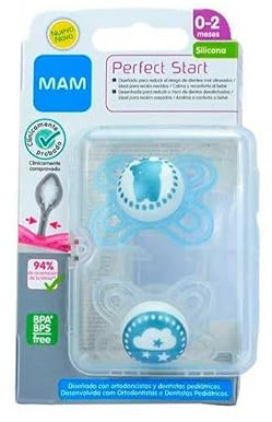 MAM Perfect Start S186 Schnuller mit extra dünnem, flexiblem Silikon SkinSoft-Sauger, für Babys von 0 bis 2 Monaten, mit selbststerilisierbarer Box, blau (2er-Pack) [sortiertes Modell]