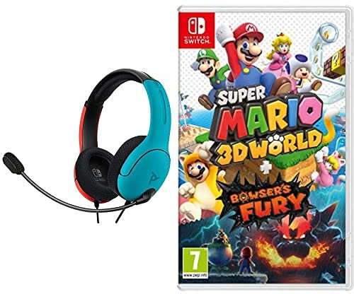 Super Mario 3D World + Bowser's Fury (Nintendo Switch) & PDP LVL40 Wired Stereo Headset for NS -Joycon Blue/Red