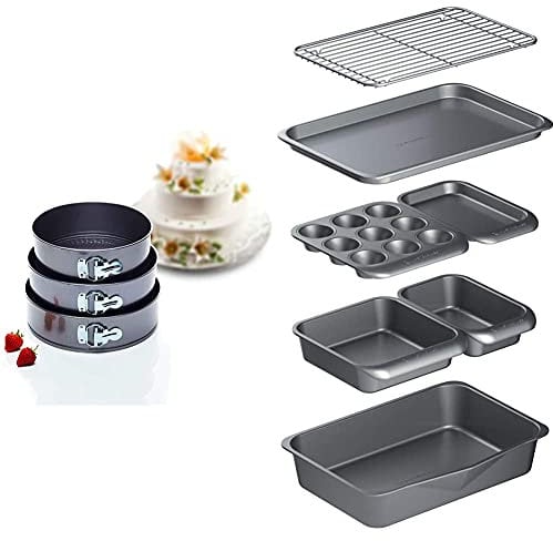 KitchenCraft Springform Cake Tins with Non Stick Coating in Gift Box, Round, Set of 3 with MasterClass Smart Space 7 Piece Stackable Bakeware Set with Non Stick Baking Trays