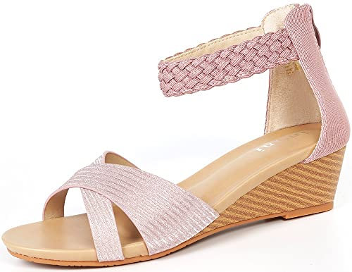 Claquettes Sandales Compensées Peep Toe Sandale Mode Femme Chaussures d'Été Sandals à Talon Décontractées Confortable Rose 39EU=40CN