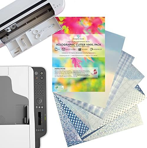Evergreen Goods A4 Holographic Self-Adhesive Vinyl | 10 Sheets | Waterproof Inkjet Printable | For Cricut Cutters | Sticky Back | Customisable Patterns Pack