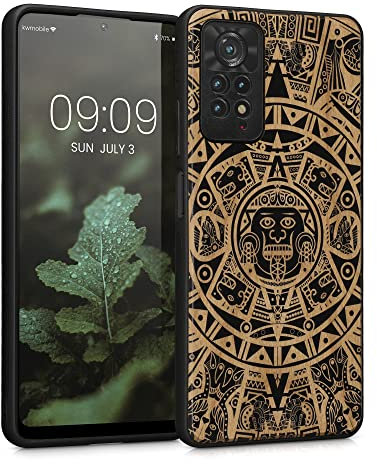 kwmobile Hülle kompatibel mit Xiaomi Redmi Note 11 Pro/Note 11 Pro (5G) / Note 12 Pro (4G) Hülle - Holz Case - Handy Cover - TPU Handyhülle in Hellbraun Schwarz Maya Kalender Art