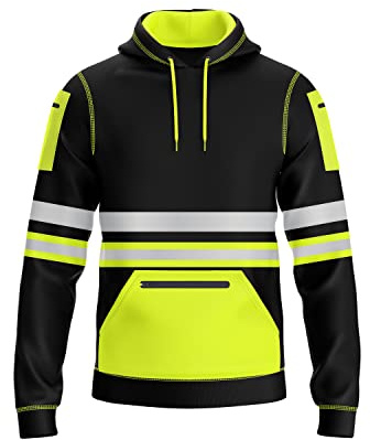 mymixtrendz Hi Vis Mens Pullover Hoodie Reflective Tape Safety Work Multi Zipped Pockets Drawstring High Viz High Visibility Hoodie Sweatshirt Yellow Black