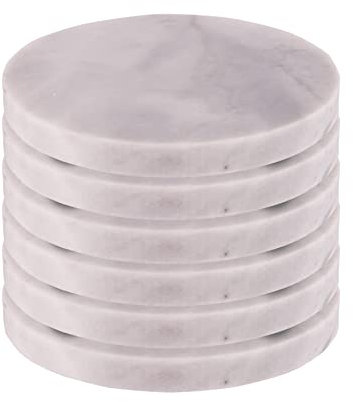 Argon Tableware White Marble Coasters - 10cm - Pack of 6 - Round Drink Placemats Reusable Dining Table Drink Coaster Placemats Drinking Glass Mat Cup Bar Mats for Table Setting, Restaurants