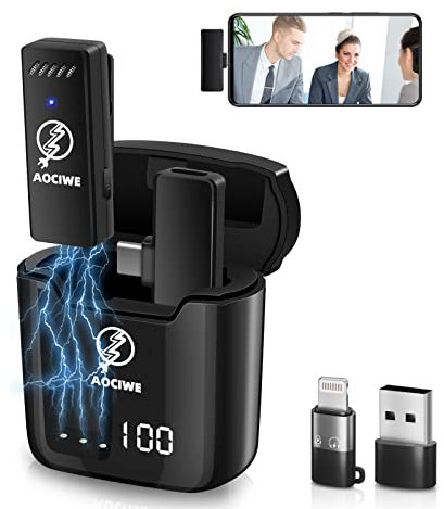 AOCIWE Drahtloses Lavalier Mikrofon - 1 Mikrofon Sender Und 1 Empfänger, Ladekoffer Mit Digitalanzeige, Empfänger Für Iphone, PC, Android, Mini Mikrofon Für Live Streaming, Videoaufnahmen