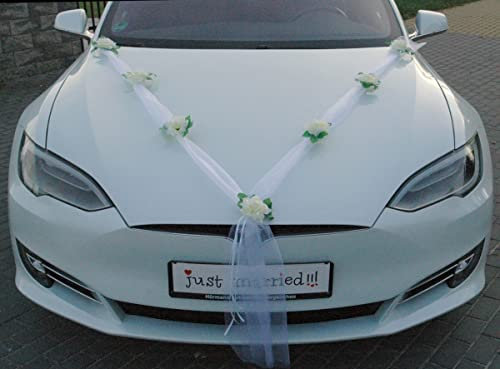 DER Klassiker Auto-schmuck 100% fertige Dekoration Braut Paar Rose Deko Autoschmuck Hochzeit Car Auto Wedding Deko Ratan Girlande (Ecru/weiß)