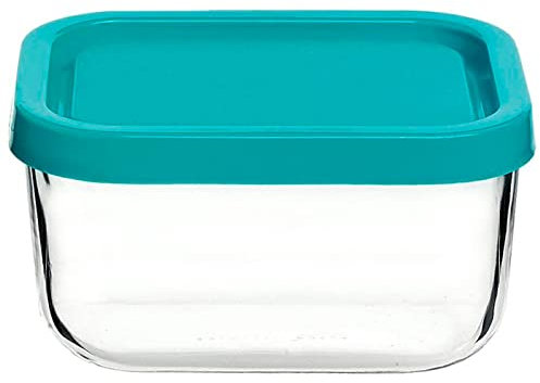 Acan Tradineur - Fiambrera de vidrio con tapa de plástico azul, recipiente para guardar alimentos, apta para microondas y lavavajillas, 6,7 x 12,5 x 9,6 cm