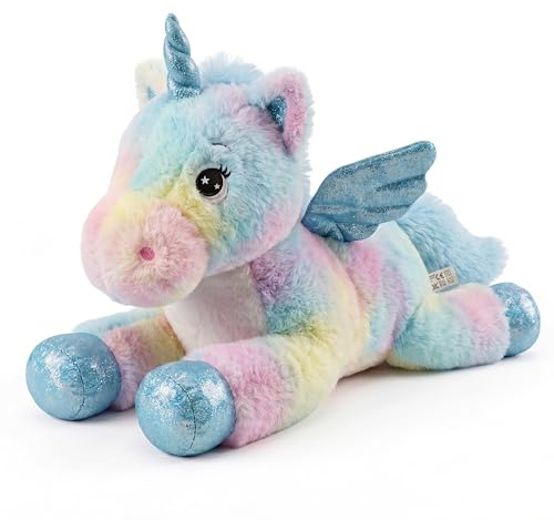 The Magic Toy Shop Large Rainbow Unicorn Teddy 50cm / 20 - Giant Soft Toy & Cuddly Pony Stuffed Animal, Pastel Plush Fur, Sparkling Blue Wings - Great for Kids & Adults, Girls & Boys