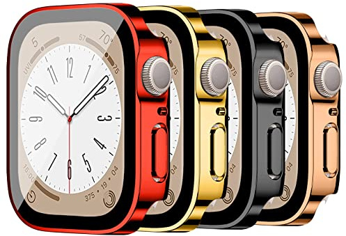 LEIXIUER 4 Stück Uhrenhüllen kompatibel für Apple Watch Series 42mm 46mm 40mm 44mm 41mm 45mm mit Displayschutz aus gehärtetem Glas, Harte PC-Schutzhülle für iWatch Series 10 9 8 7 6 5 4 SE