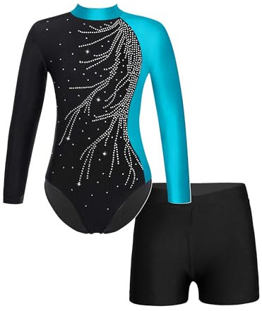 FEESHOW Kinder Gymnastikanzug Mädchen Gymnastik Body Gymnastik Shorts Set Ballett Turntrikot Athletic Wettkampf Tanzoutfit Türkis 158-164/13-14 Jahre