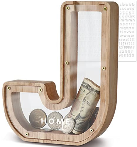 DBPBToU Spardose aus Holz Buchstaben, Sparschwein Durchsichtig für Kinder, Sparbox Personalisierte, Kreative Piggy Bank für Geburtstag Geschenk/Heimdekoration/Keepsake (J)