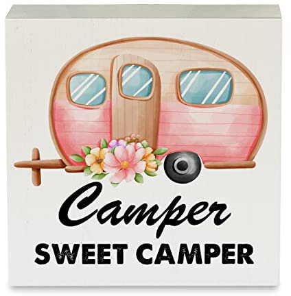 Camper Sweet Camper Holz Box Schild Rustikal Camping Holzkiste Schild Dekoratives Landschild Block Plaque für Zuhause Schreibtisch Tisch Regal Dekor 12,7 x 12,7 cm