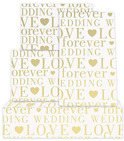 Love Forever Wedding mit Herzen, Weiß & Goldfolie, Geschenkpapier, flach gefaltet, 4 Blätter, 50 x 70 cm pro Blatt, für Hochzeiten, Brautpartys, Verlobungen