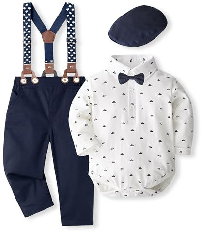 Volunboy Baby Jungen Anzug Set Bekleidung Hemd mit Fliege + Hosenträger Hosen Strampler Anzug(12-18 Monate,Weißes Boot,Größe 80)