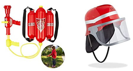 Relaxdays 10027680 Feuerwehr Wasserspritze,2 & Feuerwehrhelm Kinder, mit Visier, Nackentuch & Kinnriemen, Verstellbarer Kopfumfang, Feuerwehrmann Helm, rot