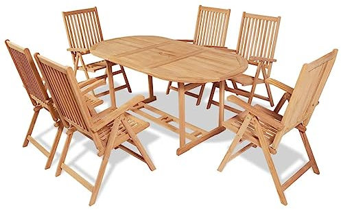RAUGAJ 7-teilige Outdoor Essgruppe mit Klappstühlen aus massivem Teakholz