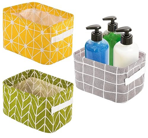3 Pieces Small Fabric Storage Baskets, Waterproof Bathroom Storage Baskets Collapsible Square Storage Boxes with Handles Shelf Basket Organizer Bins for Bathroom Makeup Cupboards Kitchen