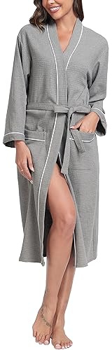 Sopesil Women Waffle Dressing Gowns, Cotton Kimono Robes Soft Luxury Bathrobe Loungewear Sleepwear Spa and Hotel for All Year A-Grey,M