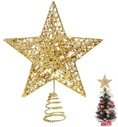 KEYIDO Mini estrella dorada pequeña para árbol de Navidad, estrella pequeña para parte superior de árbol de Navidad, ancho 12 cm, alto 15 cm
