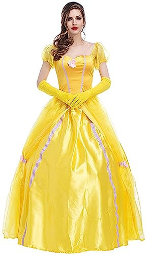 TRACYCY Principessa Belle Costume Donna La Bella e la Bestia Elegante Lungo Abito da Sera e Guanti Festival Fancy Dress Costume per Adulta Halloween Carnevale Compleanno Festa Cosplay Costume Giallo