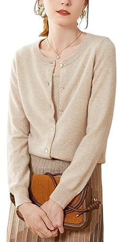Valin Gilet Cachemire 95% Femme Col Rond Chameau Solide Couleur Tricoté Mince Manches Longues Fin Cardigan en Cachemire et Laine,38,SPR2248