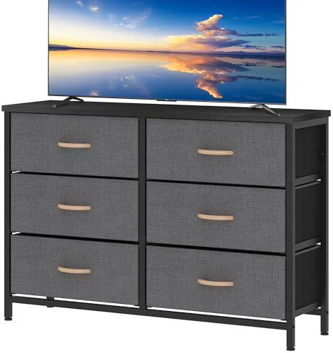 KU Syang Chest of Drawers, Fabric Chest of Drawers Bedroom with 6 Drawers and Large Storage, Dresser with Wooden Top and Metal Frame, Organiser Unit for Bedroom/Living Room, Dark Grey