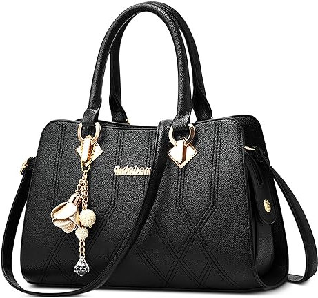 FOLOVEYA Mode Damen Handtasche Frauen Umhängetasche mit Blumen-Perlen-Anhänger Henkeltaschen Elegant Top-Griff Taschen PU Leder Shopper Schultertasche für Arbeiten Reisen Dating Schwarz