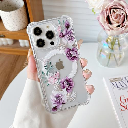 DEFBSC Magnetic Case for iPhone 15 Pro Max [Compatible with Magsafe], Clear Floral Flower Print Design Flexible Acrylic Bumper Protective Shockproof Case for iPhone 15 Pro Max - Purple Peony