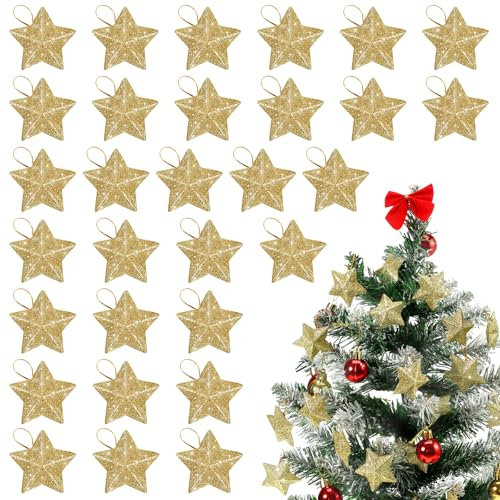 DEARMAMY 30 adornos de estrella dorada con purpurina para árbol de Navidad, mini estrellas colgantes, mini colgante de estrella dorada con purpurina, colgante de estrella de Navidad, adorno de árbol